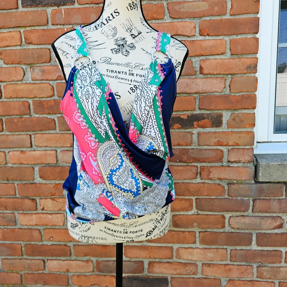 Julian Chang Multicolor Paisley Faux Wrap Party Top | Tie Neck | Size S/M Fit